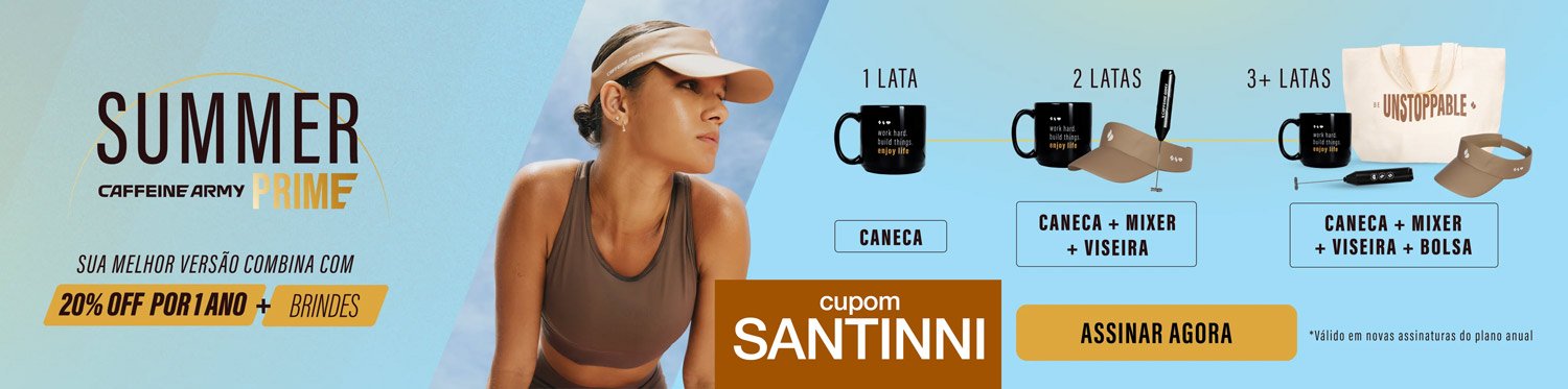 Banner promocional Summer Prime do Super Coffee: atleta usando viseira em cenário de verão, oferta de 20% OFF no plano anual com brindes, copos, mixer, viseira e bolsa, cupom SANTINNI da influencer Luana Santinni