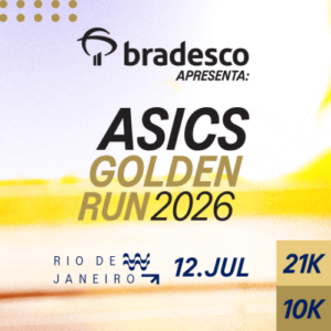 Banner oficial da ASICS Golden Run 2026 no Rio de Janeiro, com provas de 10 km e 21 km em 12 de julho