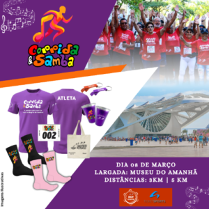 Banner oficial da Corrida & Samba no Rio de Janeiro, com percursos de 3 km e 5 km e largada no Museu do Amanhã